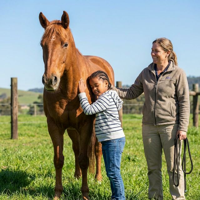Ein sonniger Tag auf der Koppel: Ein Kind streichelt das Pferd ruhig am Hals, während die Reittherapeutin lächelnd daneben steht