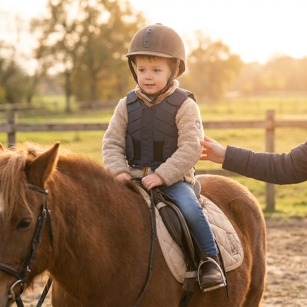 Ein Kind trägt einen Reithelm.