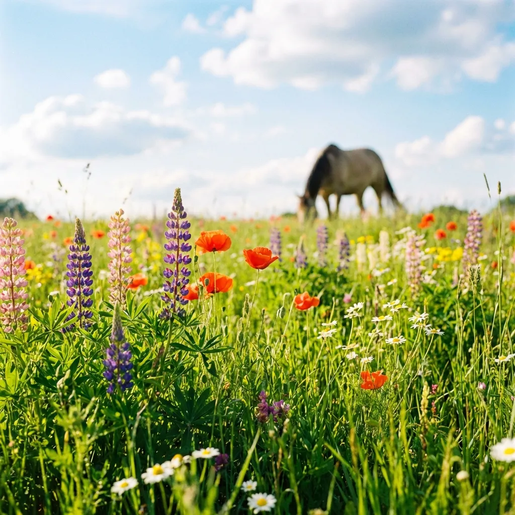 Ein Pony grast auf einer frischen Frühlingsweide.
