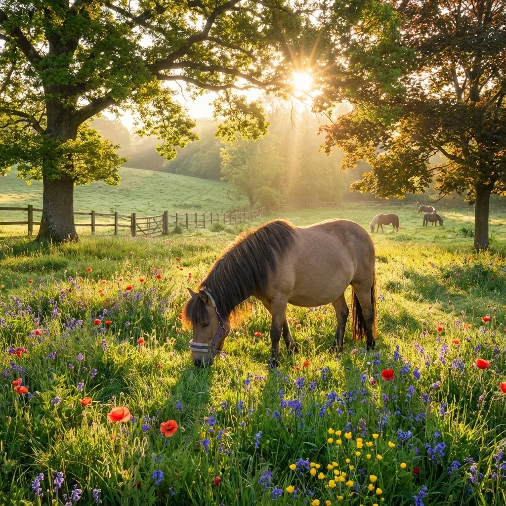 Ein Pony steht unter einem überdachten Putzplatz.