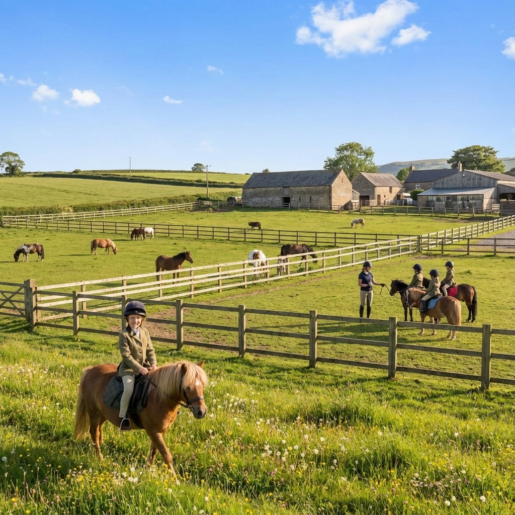 Zwei Kinder mit Ponys in unterschiedlichen Situationen