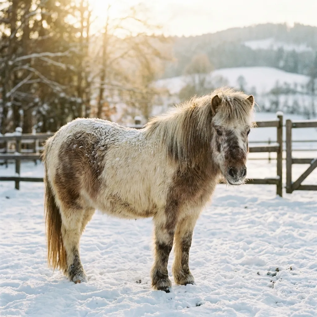Ein Pferd steht im winterlichen Schnee.