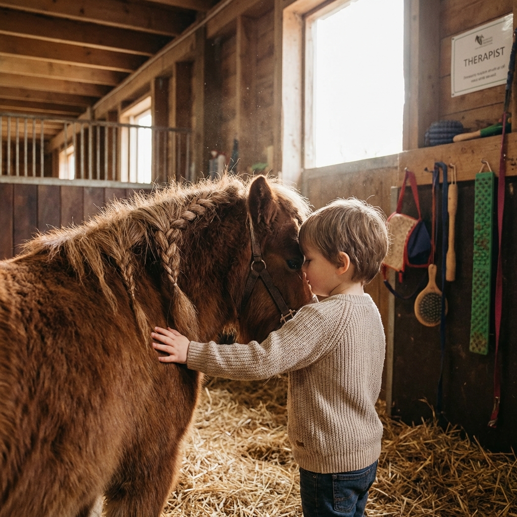 Ein ruhiger Moment zwischen Kind und Pony.