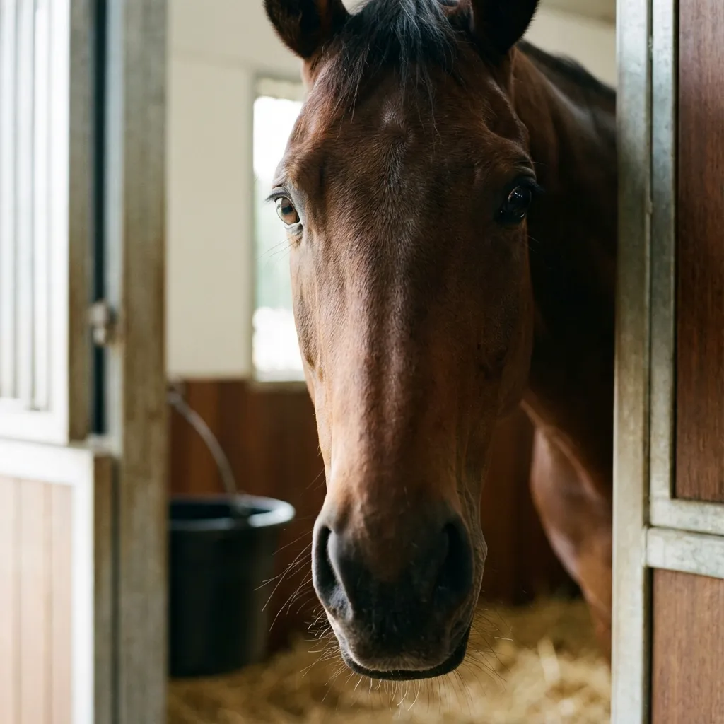 Ein Pony steht ruhig im Stallbereich.