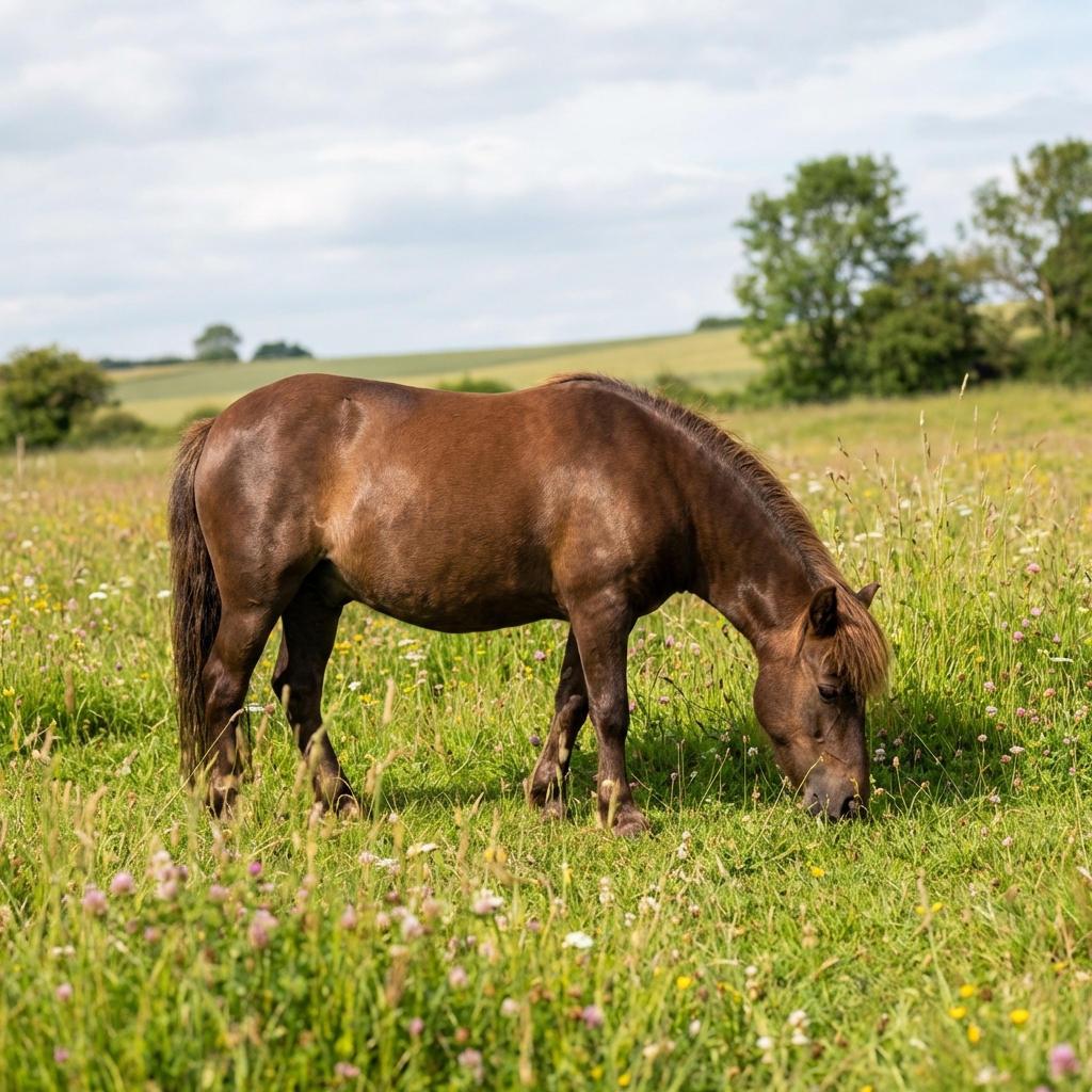 Ein Pony steht auf einer grünen Wiese.