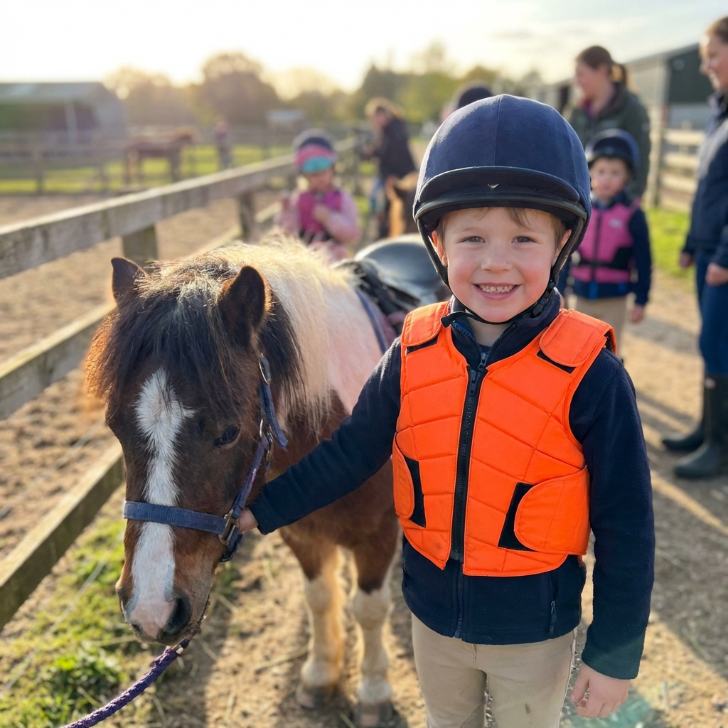 Ein Kind trägt Schutzkleidung auf dem Ponyhof.