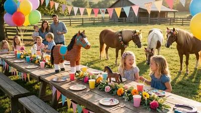 Glückliche Kinder bei einem Pony-Geburtstag in der Nähe von Leonberg.