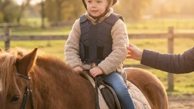 Ein Kind trägt einen Reithelm.