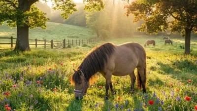Ein Pony steht unter einem überdachten Putzplatz.