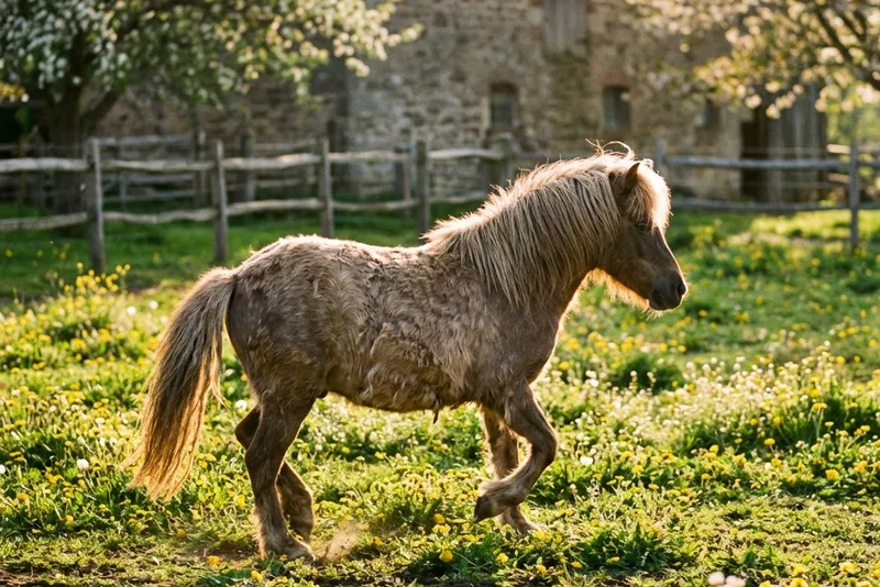 Kind bereitet im Frühjahr ein Pony auf dem Hof vor