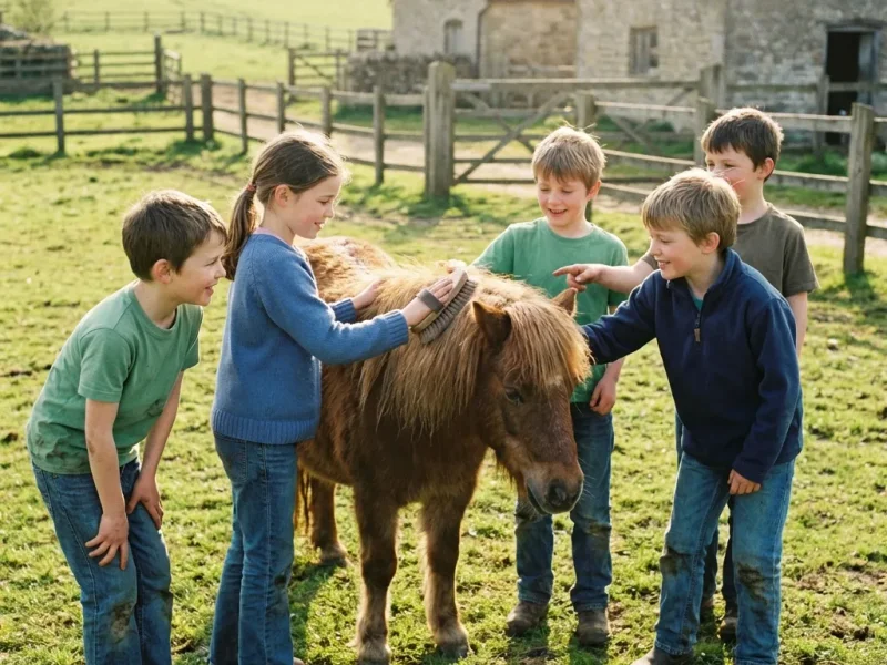 Viel Spaß bei den Ferienkurse - Kinder striegeln gemeinsam ein Pony auf der Weide
