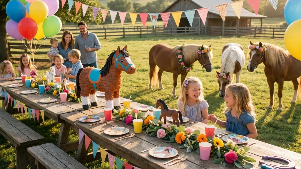 Glückliche Kinder bei einem Pony-Geburtstag in der Nähe von Leonberg.