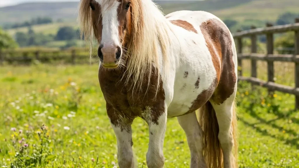 Ein prachtvoller schwarz-weißer Tinker mit langer Mähne auf einer Weide
