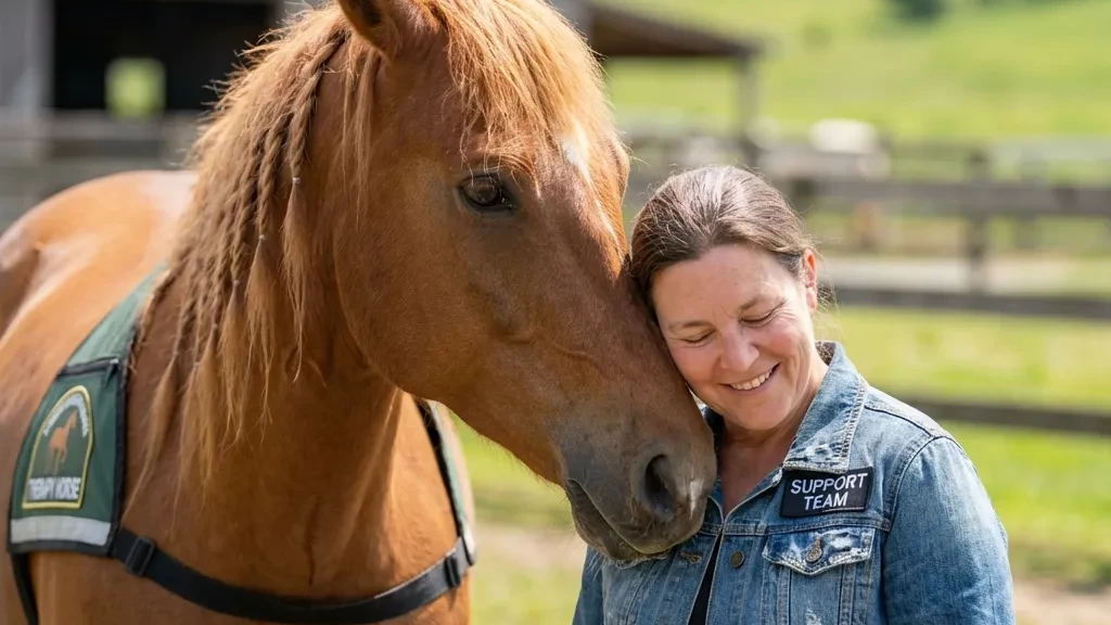Nahaufnahme einer Hand, die sanft das Maul eines Pferdes berührt - Vertrauen und Empathie.