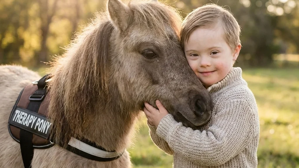 Kind im Rollstuhl wird von einem Trainer beim Führen eines Ponys unterstützt, beide lächeln