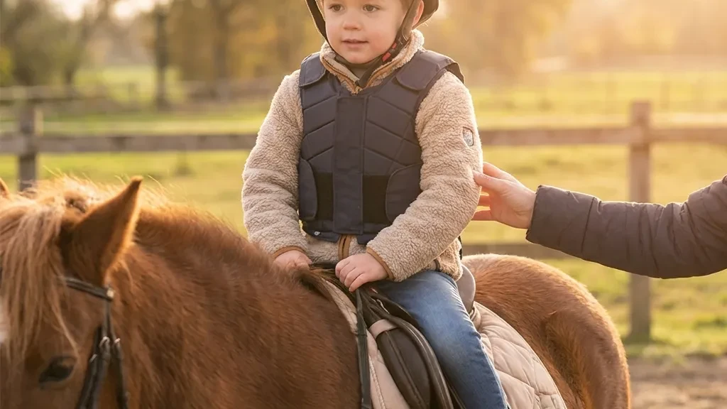 Ein Kind trägt einen Reithelm.