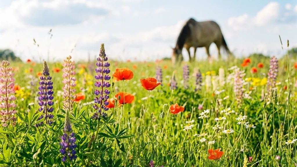 Ponys grasen auf sonniger Sommerwiese in Renningen