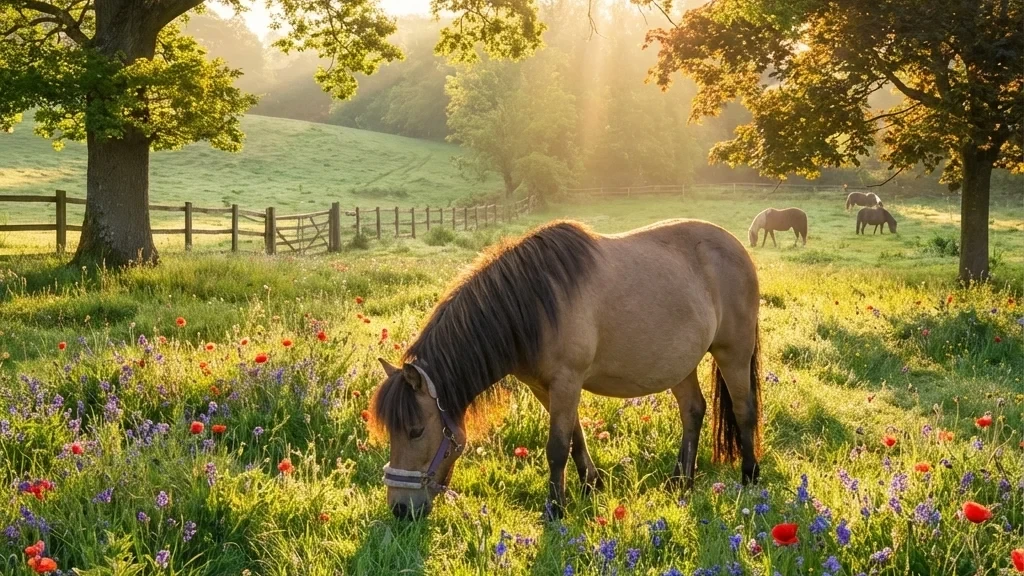 Ein Pony steht unter einem überdachten Putzplatz.