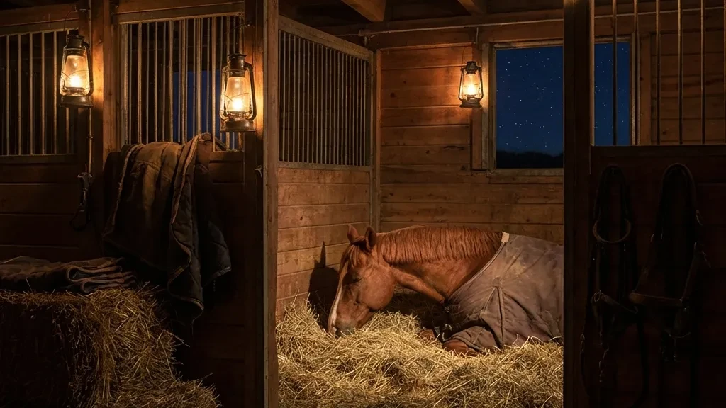 Pferde im Stall bei Nacht an Silvester