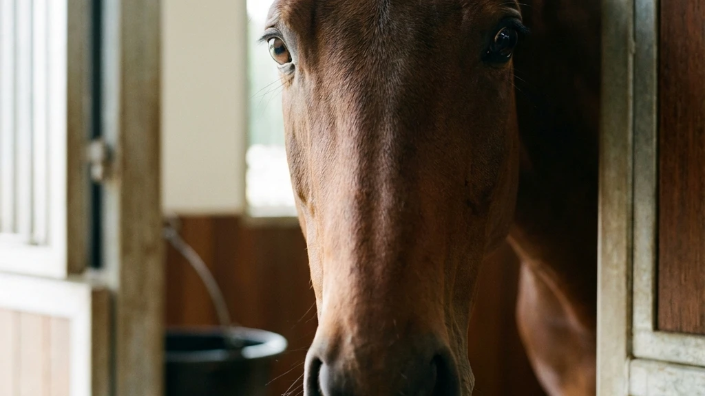 Ein Pony steht ruhig im Stallbereich.