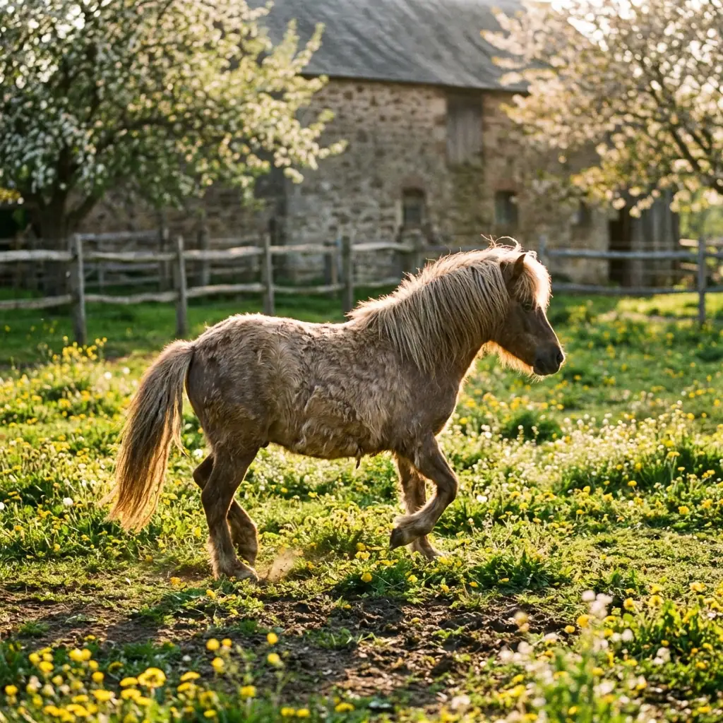 Kind bereitet im Frühjahr ein Pony auf dem Hof vor