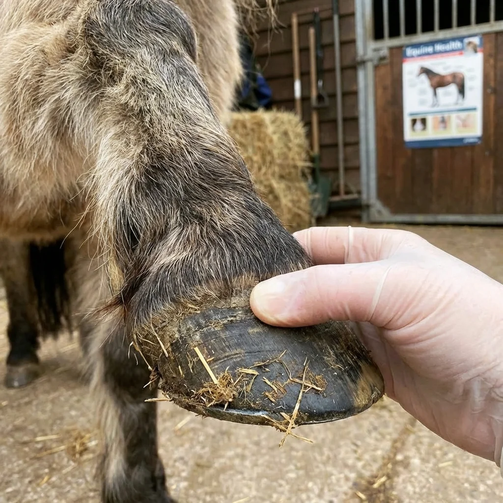 Tierarzt prüft den Puls am Huf eines Pferdes