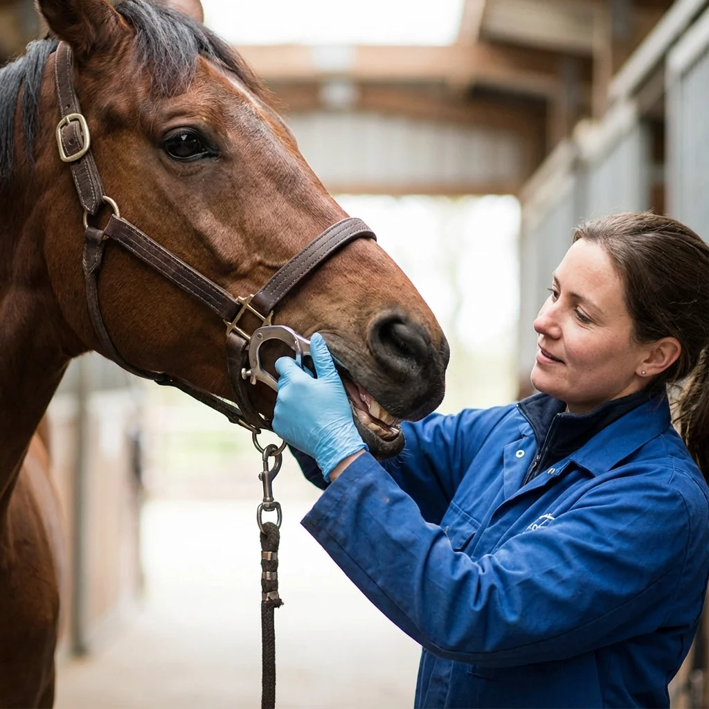 Pferdezahnarzt kontrolliert die Zähne eines Pferdes
