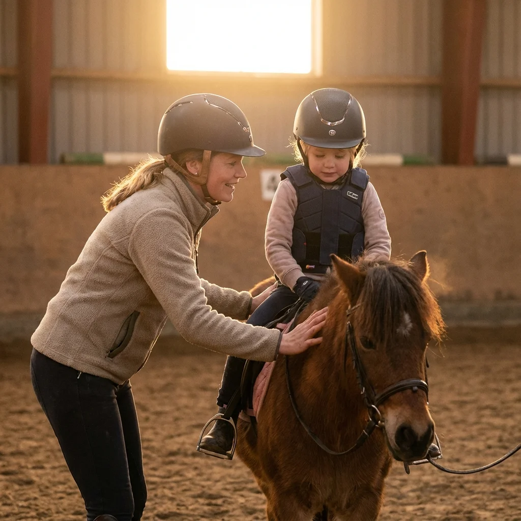 Kind hält vertrauensvoll die Hand eines Erwachsenen und berührt das Maul eines freundlichen Ponys