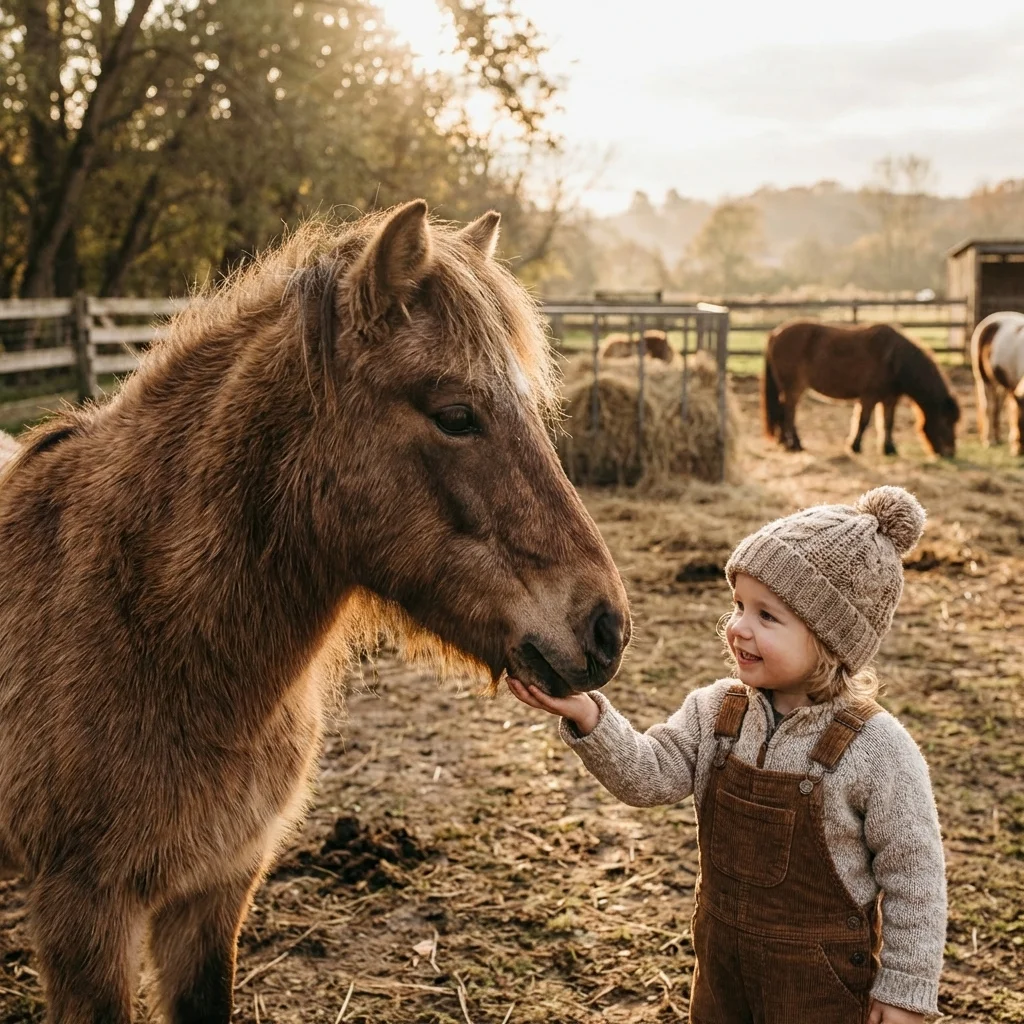 Ein geduldiges braunes Pony steht ruhig neben einem lächelnden Kind auf dem Ponyhof.