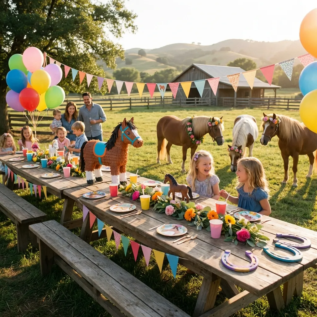 Glückliche Kinder bei einem Pony-Geburtstag in der Nähe von Leonberg.