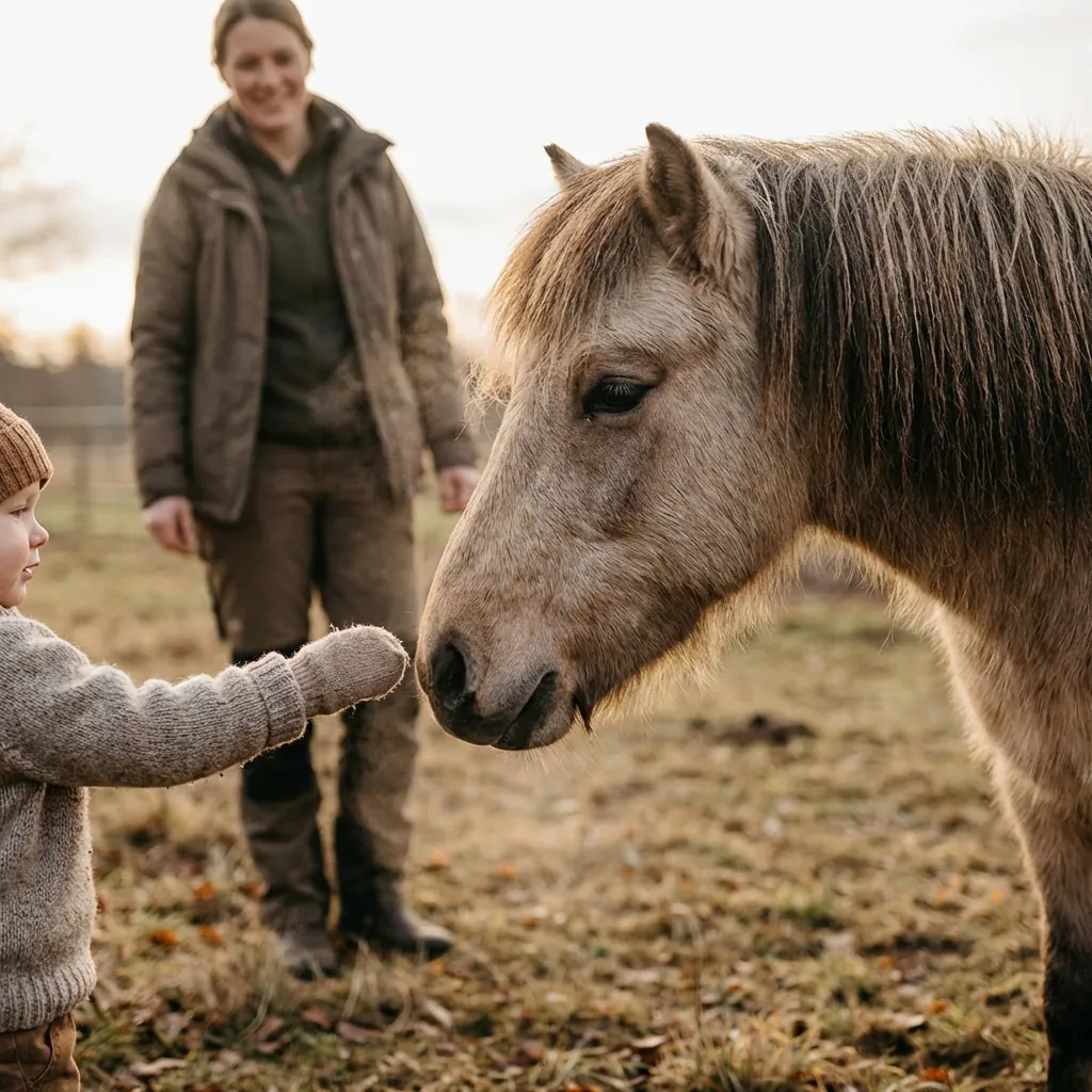 Ein vorsichtiges Kind nähert sich langsam einem ruhigen Pony unter Anleitung.