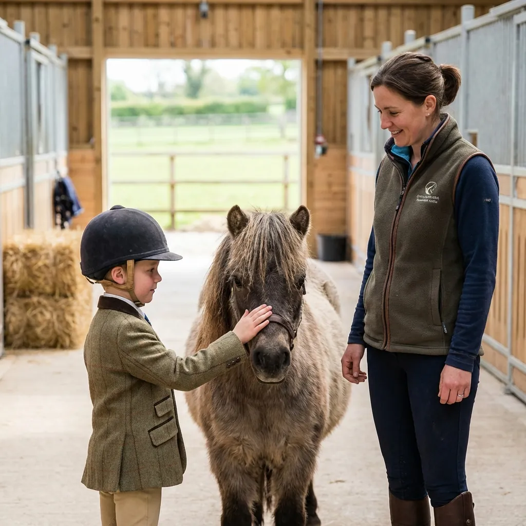 Kind streichelt sanft ein Pony bei der heilpädagogischen Arbeit.