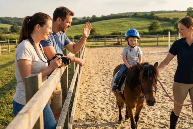 Ein glückliches Kind sitzt auf einem Pony und lacht