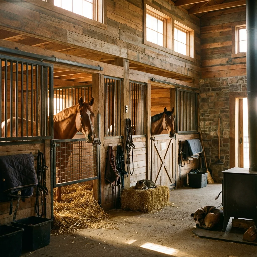 Kind pflegt ein Pony im trockenen Stall.