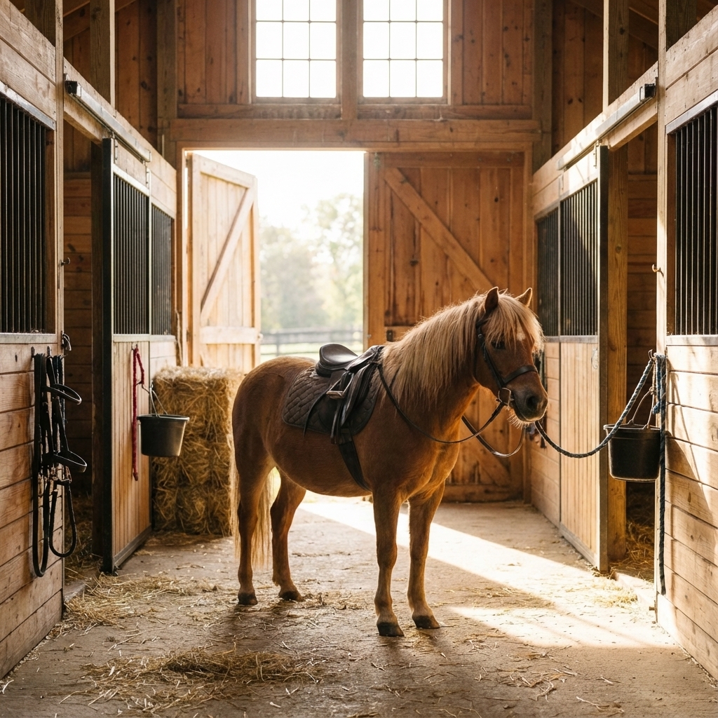Ponys grasen friedlich auf der Weide.