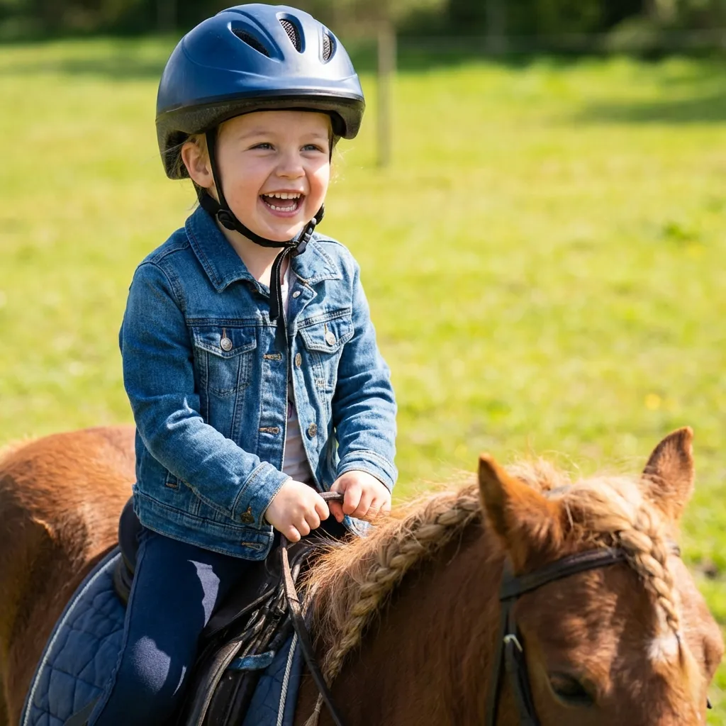 Kind zeigt selbstbewusst einem Pony eine Bürste