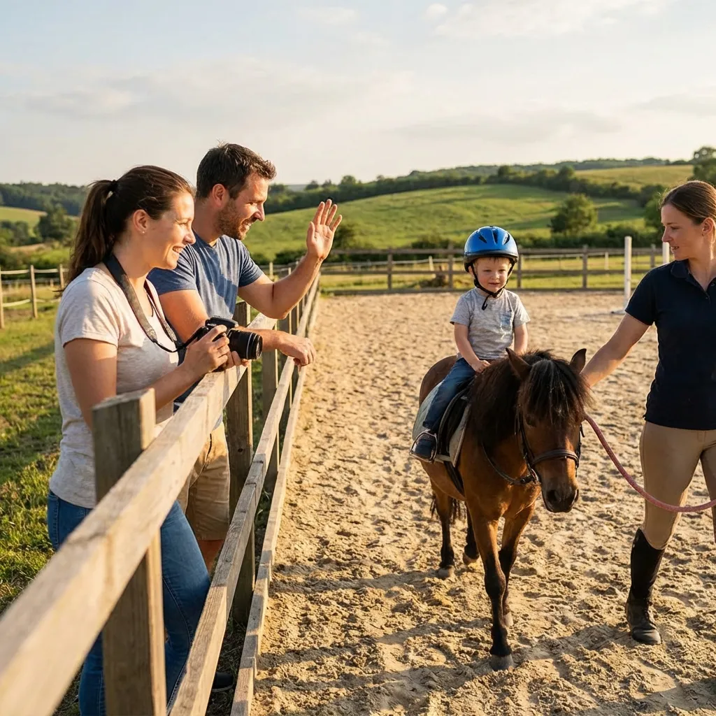 Kind beobachtet neugierig ein Pony über den Zaunpfahl