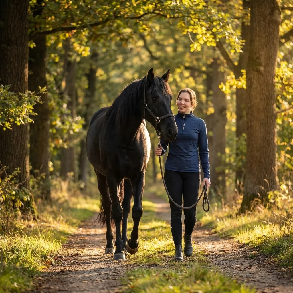 Eine Reittherapeutin und ein Therapiepferd gehen gemeinsam einen friedlichen Waldweg entlang.
