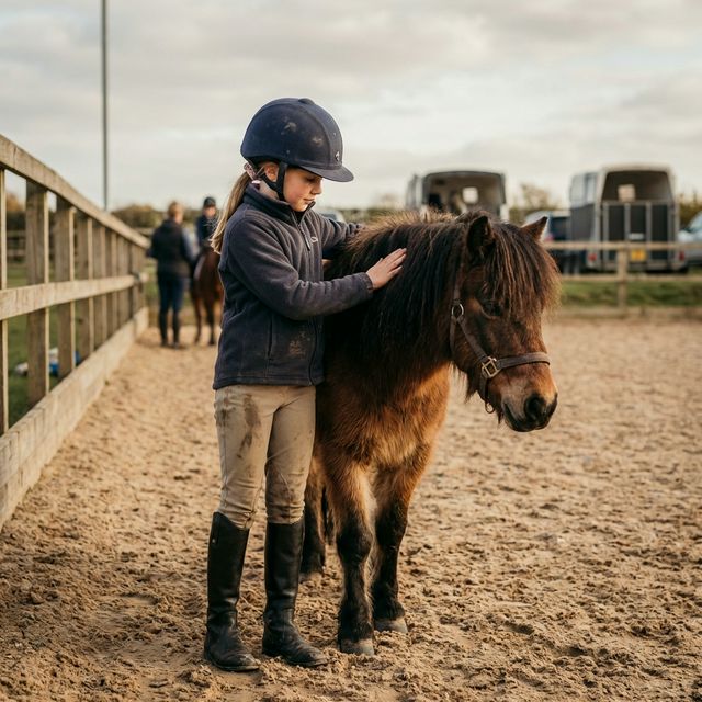 Reiterin steht neben ihrem Pferd nach einem Sturz auf dem Reitplatz