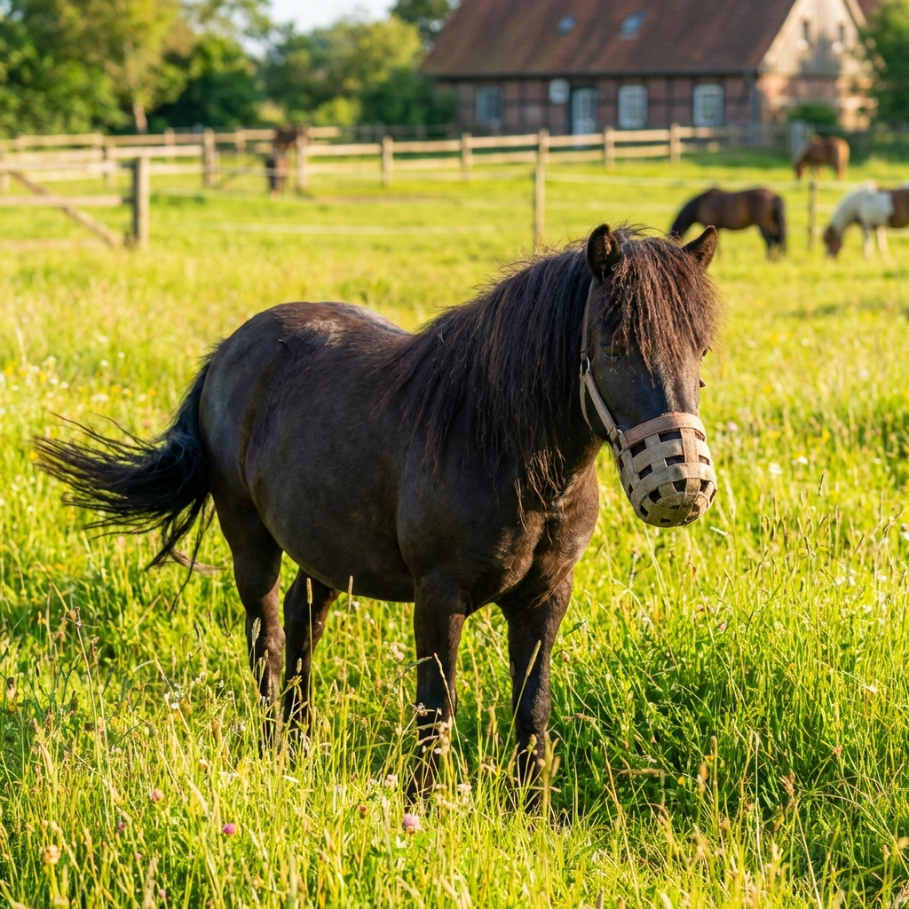 Ein robustes Pony mit Fressbremse auf einer saftig grünen Weide im Sommer.