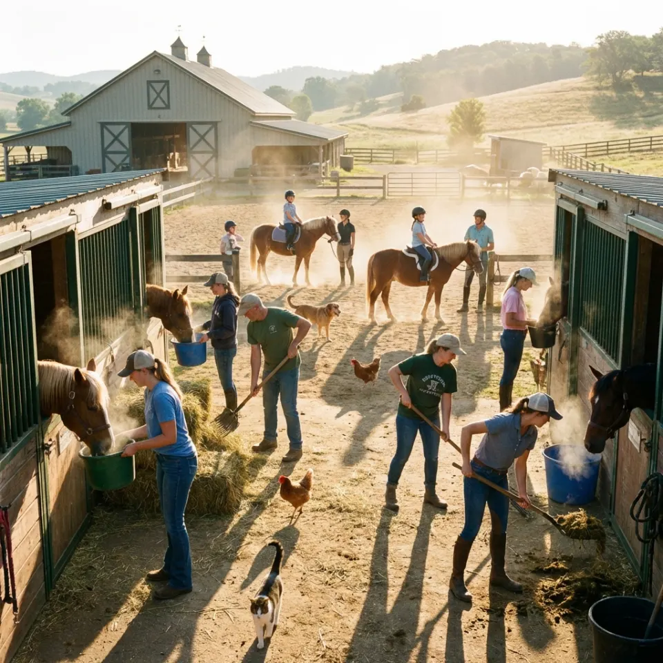 Verschiedene Szenen vom Ponyhof - Stallarbeit, Kinder beim Ponyreiten, Fütterung am Morgen.