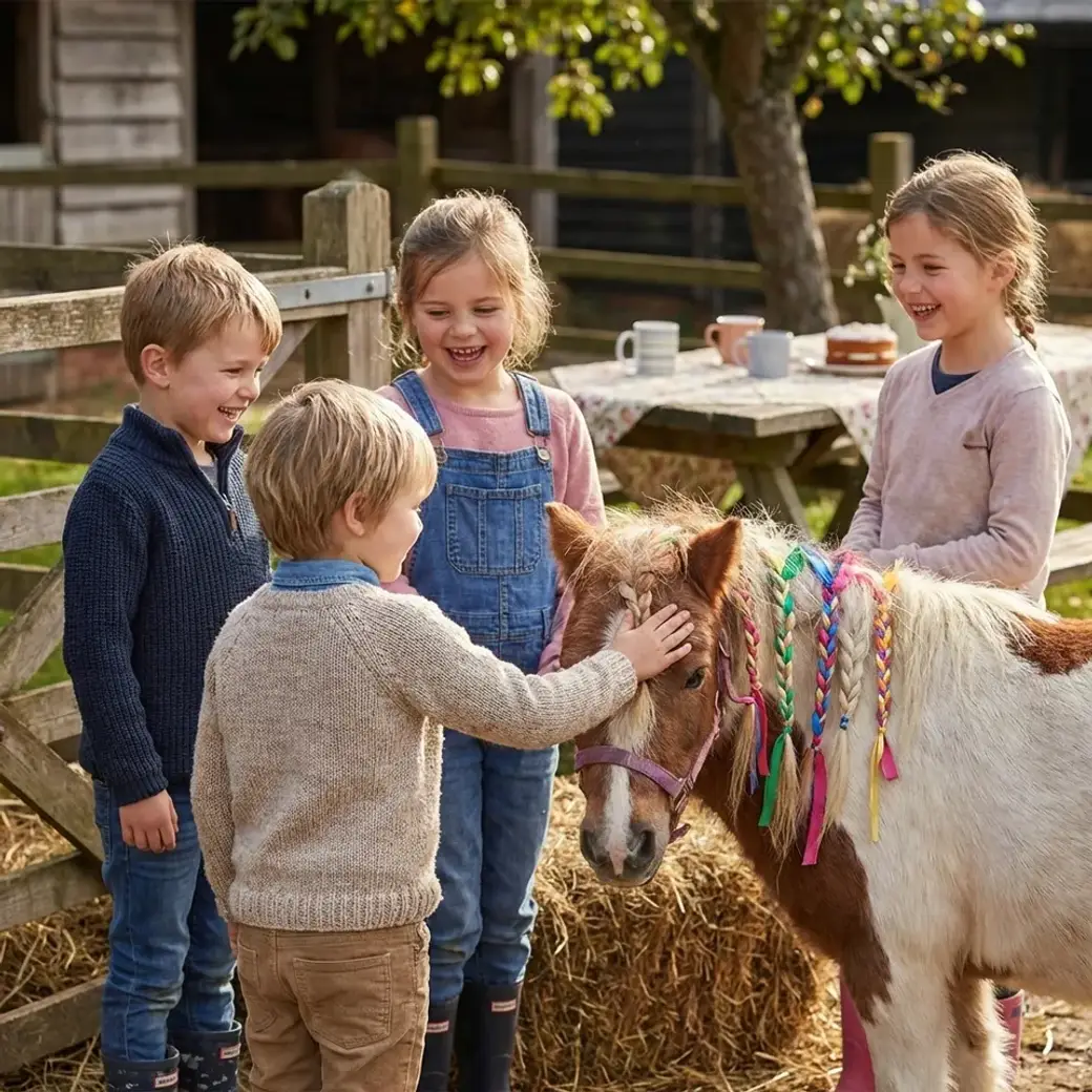 Kinder feiern einen Pony-Kindergeburtstag auf dem Hof in Renningen und streicheln gemeinsam ein Pony.
