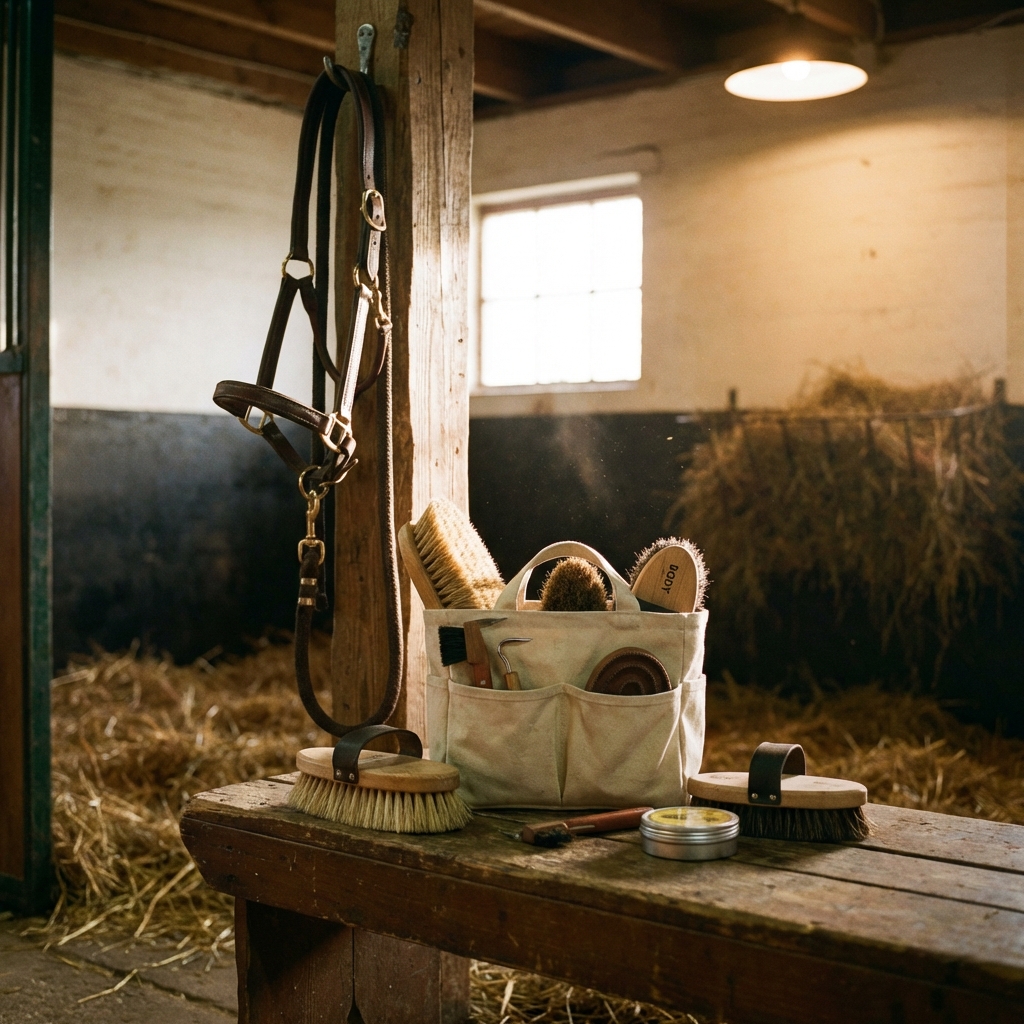 Putzzeug und Halfter liegen ordentlich bereit.