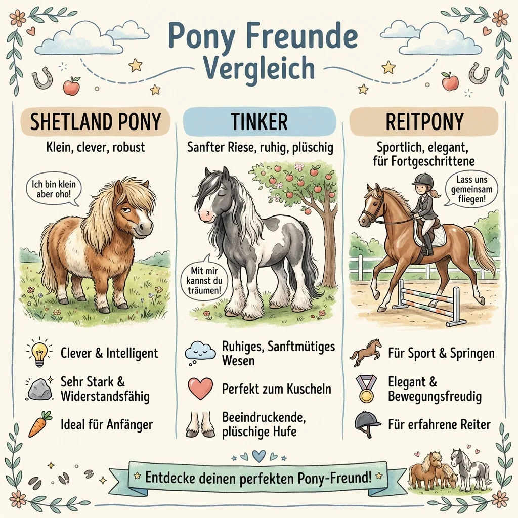 Vergleich von drei beliebten Ponyrassen: Shetland Pony, Tinker und Reitpony. Zeigt Charakter und Eignung für Kinder.