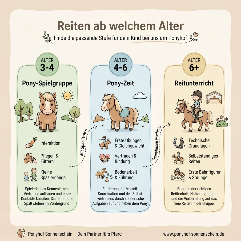 Infografik: Reiten lernen nach Alter. Die 3 Stufen bei uns am Ponyhof.