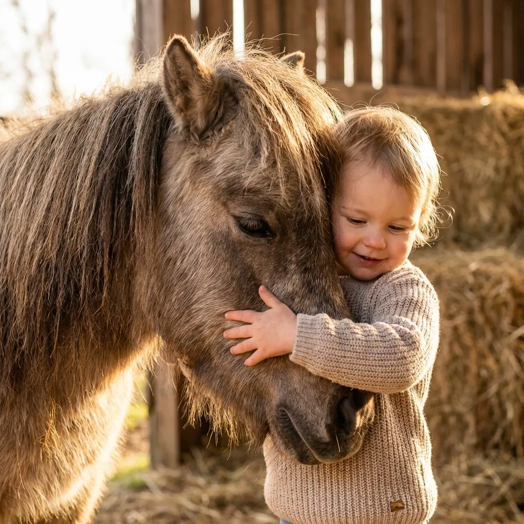 Kind beim Putzen eines Ponys zur Förderung der Feinmotorik
