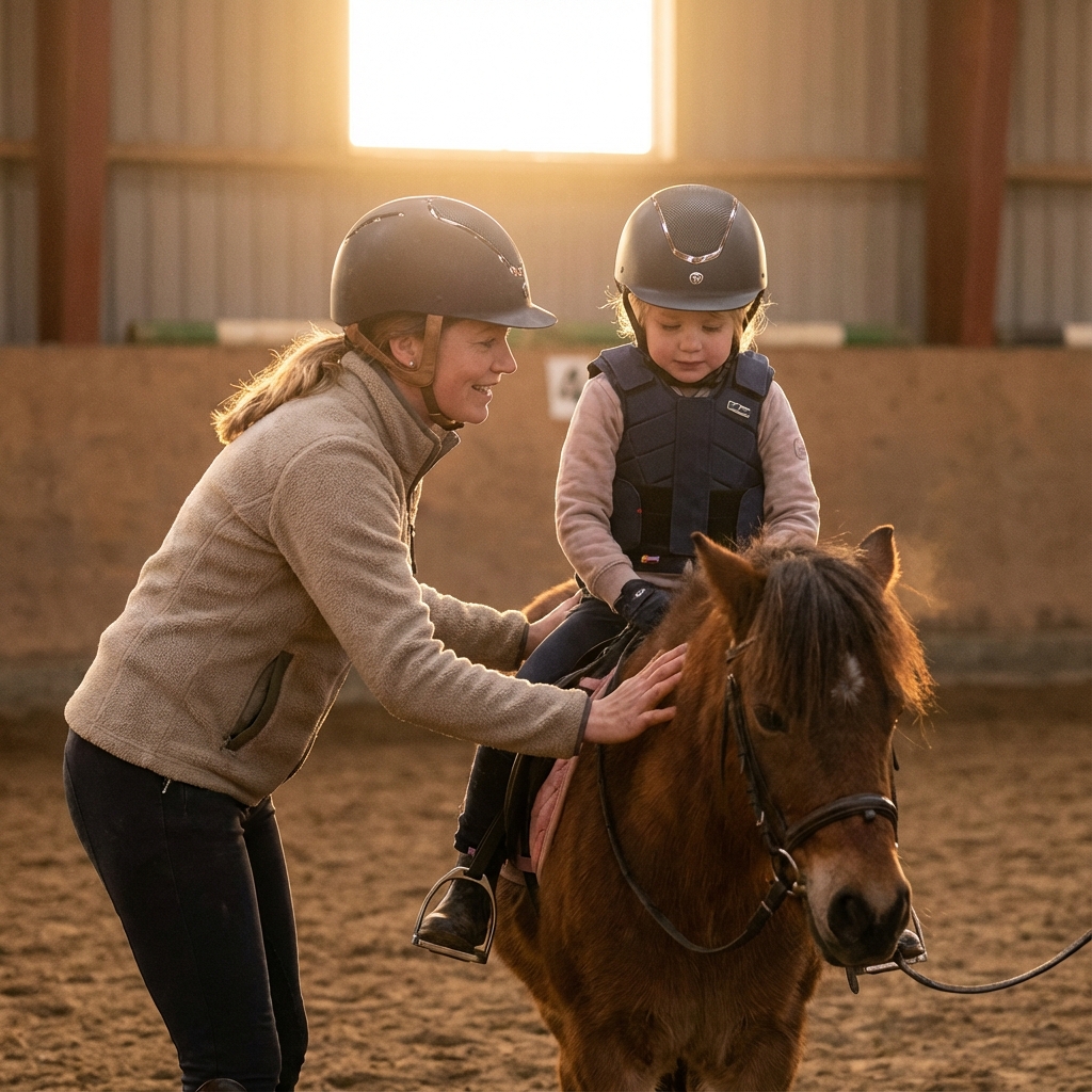 Kind hält vertrauensvoll die Hand eines Erwachsenen und berührt das Maul eines freundlichen Ponys