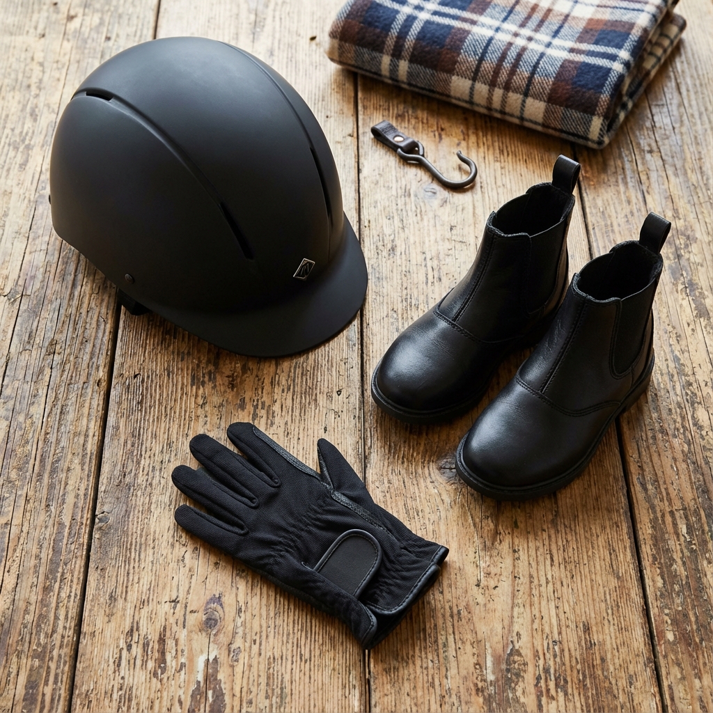 Ein Kind setzt einen Reithelm richtig auf.