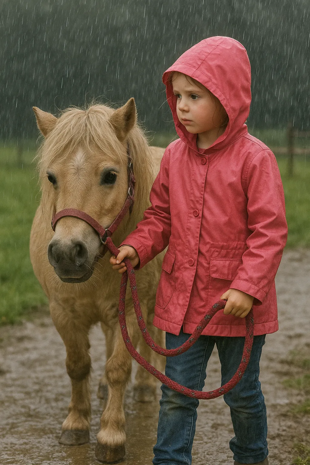 Kind pflegt ein Pony im trockenen Stall.