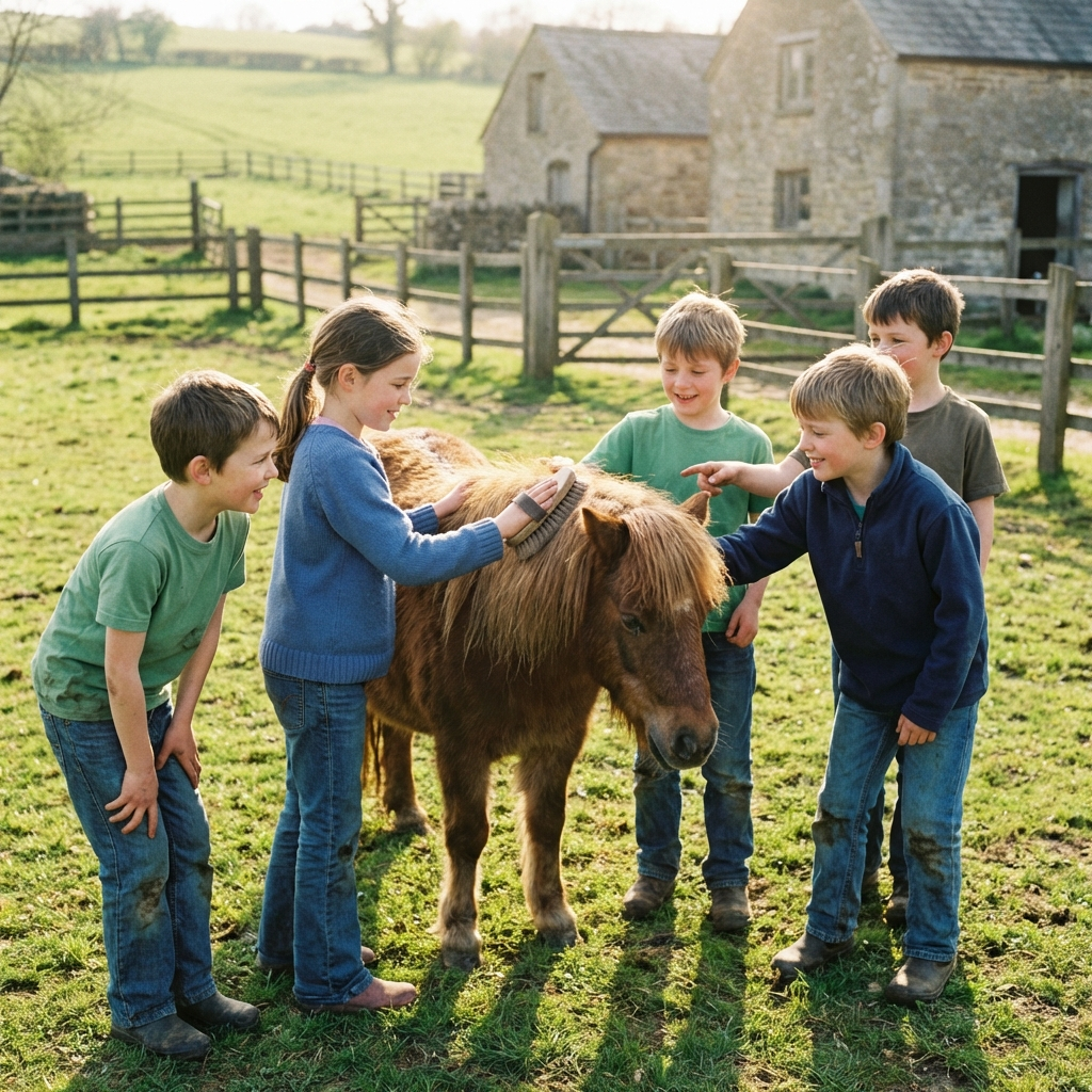 Viel Spaß bei den Ferienkurse - Kinder striegeln gemeinsam ein Pony auf der Weide